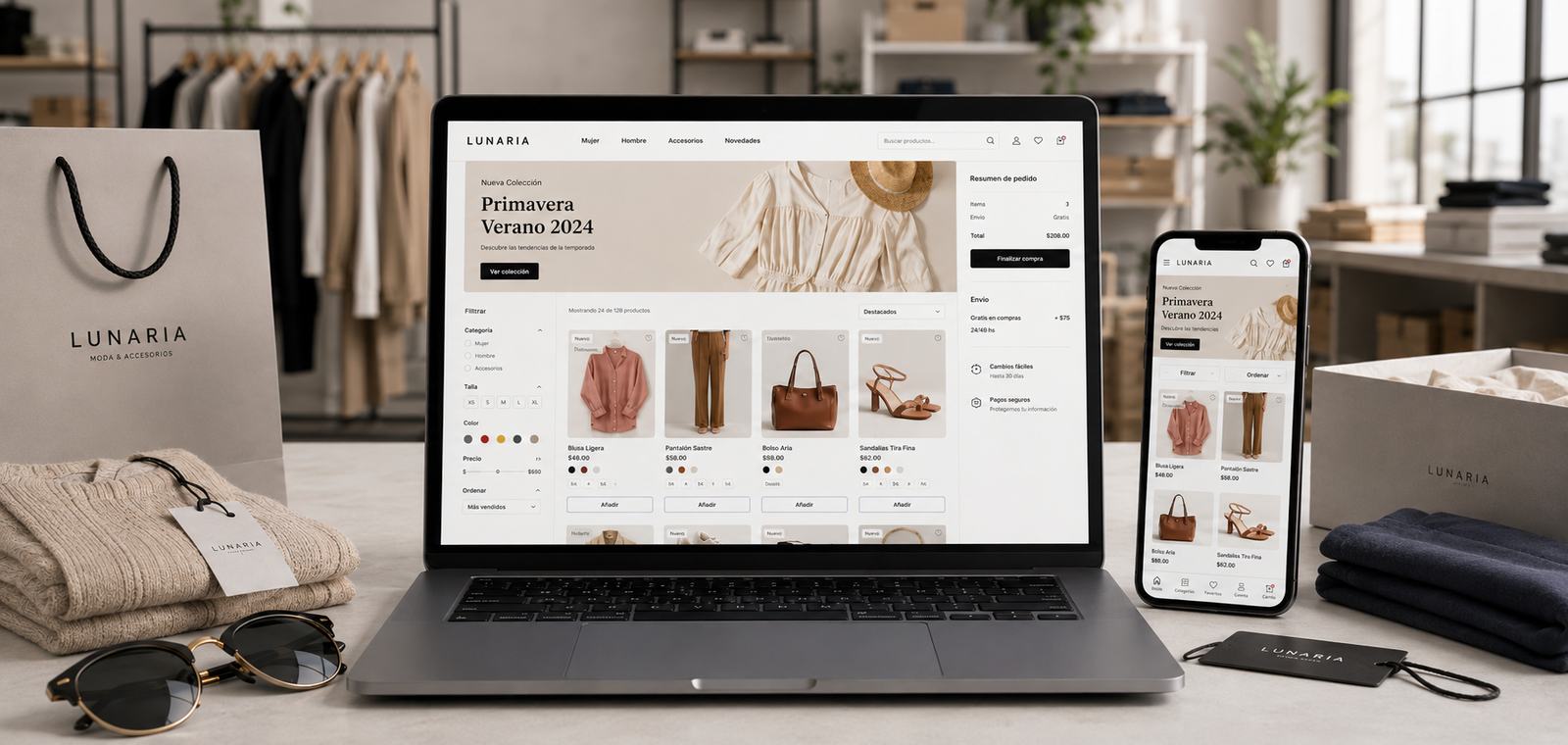 Tienda online de moda y accesorios mostrada en una laptop y un teléfono móvil